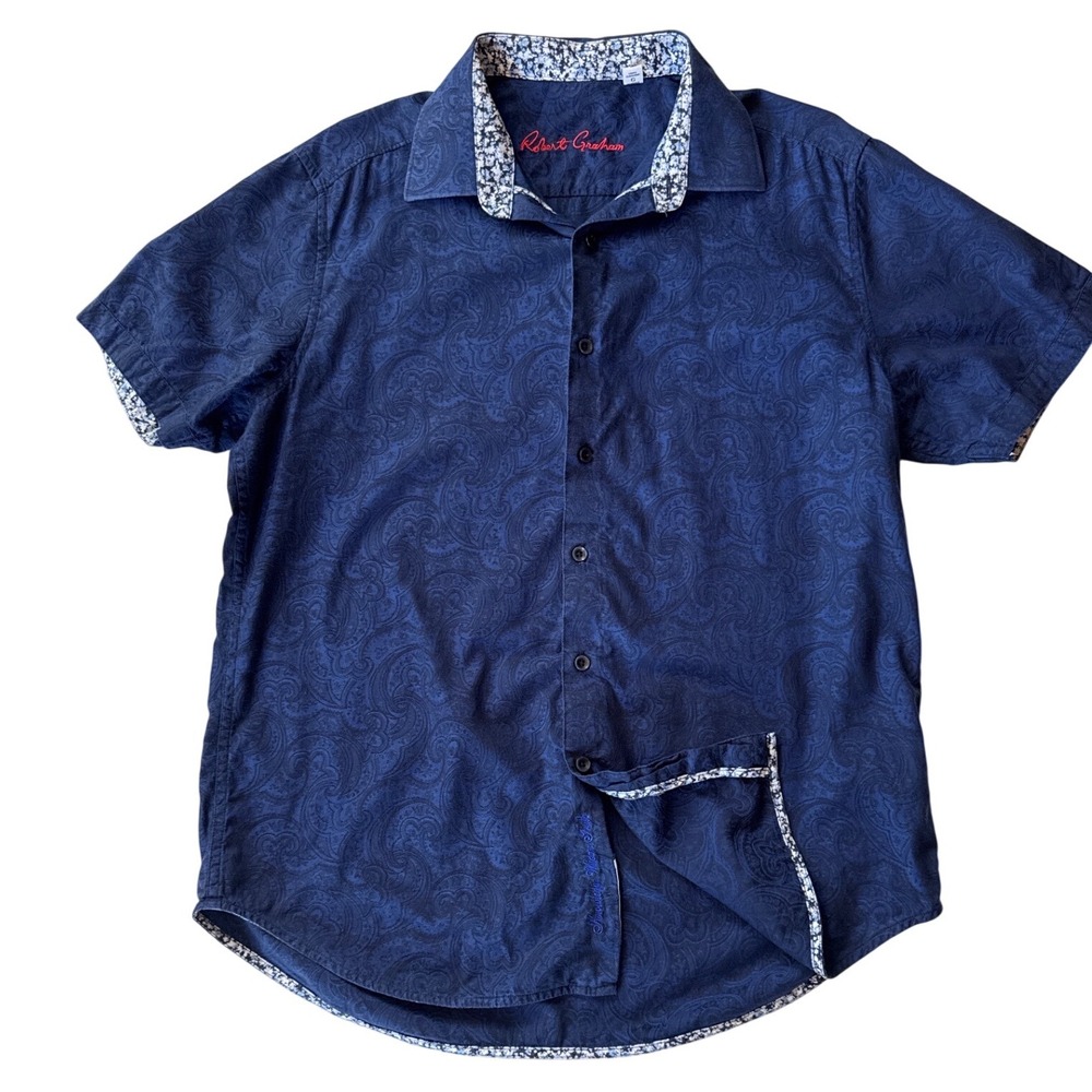 Robert Graham Shirt Mens Large Blue Paisley Jacquard Floral Trim Classic Fit